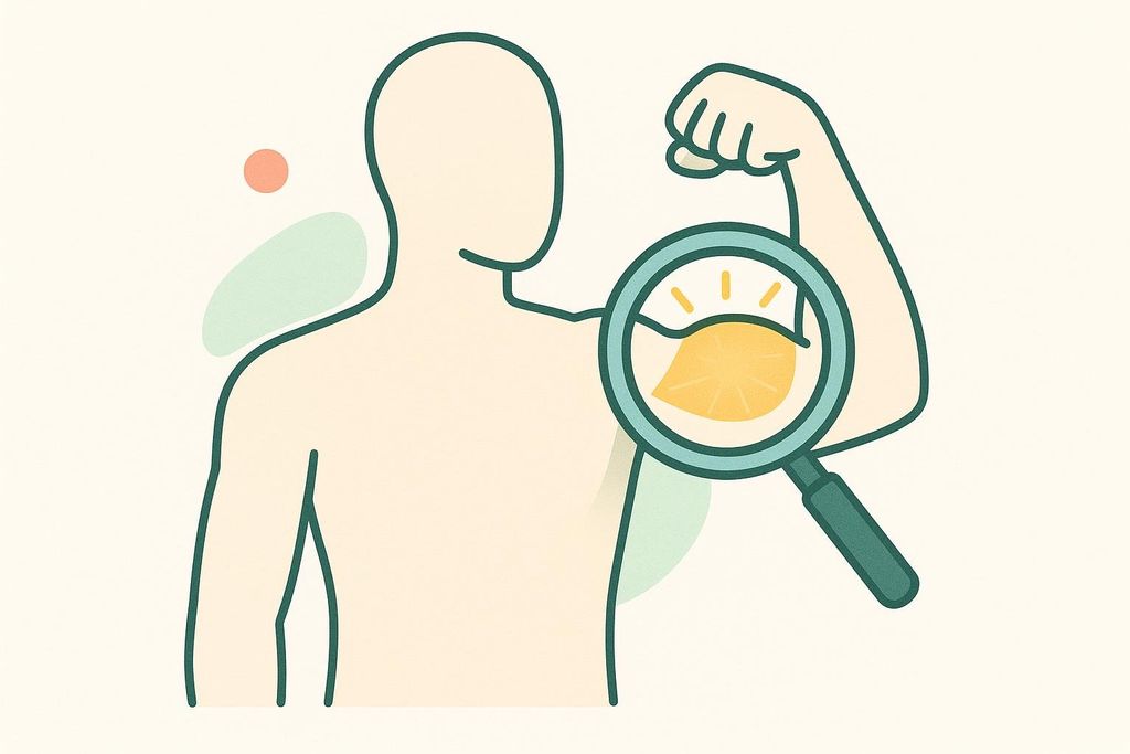 Illustration of a magnifying glass magnifying a glowing yellow area on the bicep of a stylized human figure, with green and orange abstract shapes in the background. The glowing bicep represents a focus on muscle development.