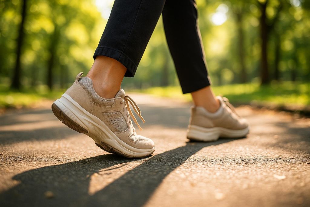 Feet in walking shoes mid-stride on a park path, representing increased daily steps for Non-Exercise Activity Thermogenesis (NEAT).