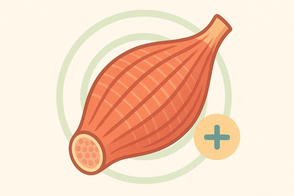 A stylized illustration of a muscle fiber with radiating green circles behind it and a yellow circle with a plus sign next to it, representing muscle growth or hypertrophy achieved through strength training.