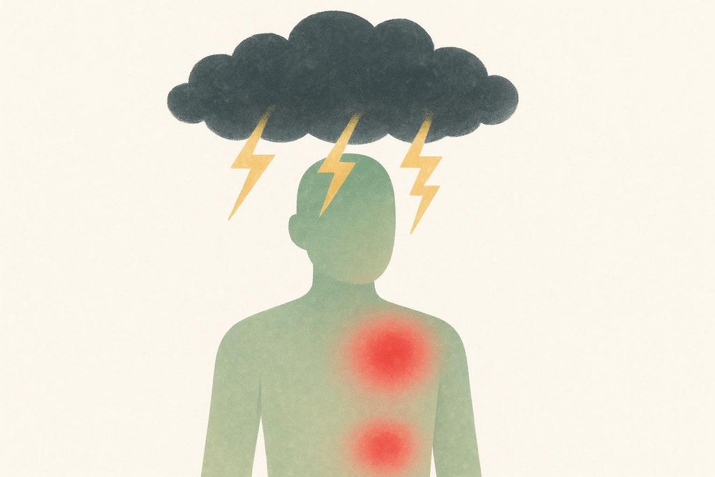 An abstract illustration depicting stress-induced inflammation within the human body. A dark storm cloud with lightning bolts hovers above the head of a green human silhouette, while two red, glowing 'hotspots' are visible on the chest and abdomen, symbolizing inflammation.