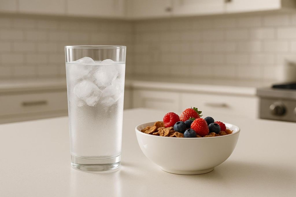 A bowl of whole grain cereal with fresh blueberries, raspberries, and strawberries sits next to a tall glass of ice water on a clean kitchen counter. The background shows a modern kitchen with light-colored cabinets.