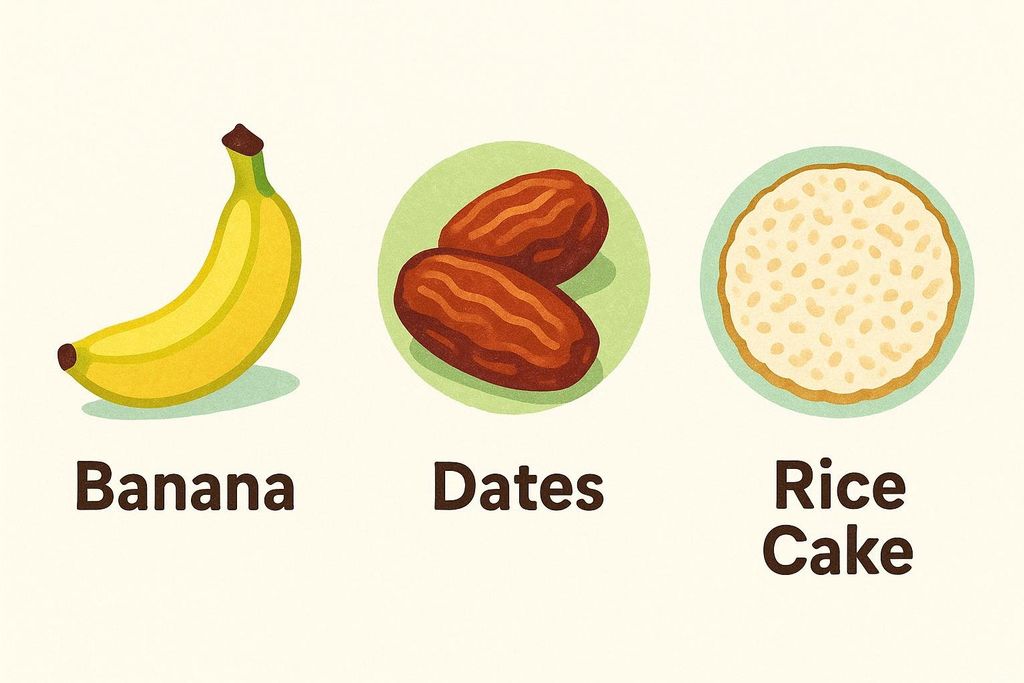 Icons of a banana, dates, and a rice cake labeled as quick energy sources. Each food item is accompanied by its respective name written below it.