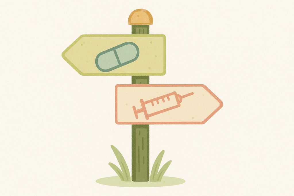 Illustration of a signpost pointing to a pill and an injection, symbolizing the choice between different medical treatments or methods of administration.