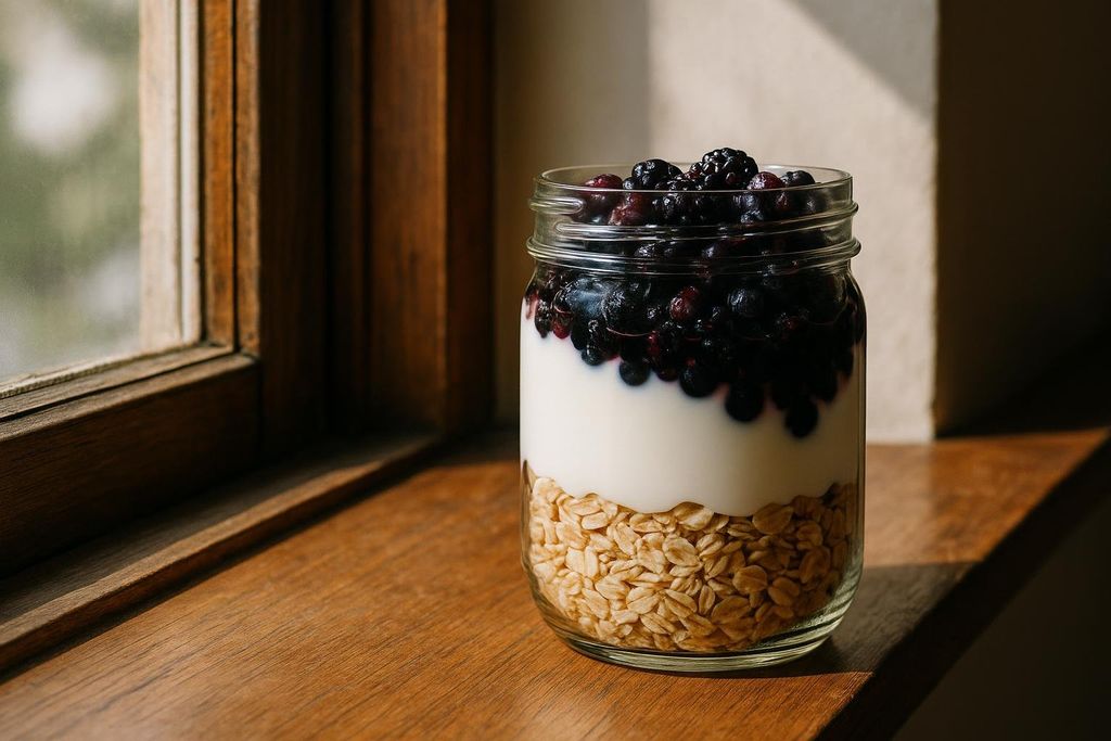 A clear glass jar filled with layered ingredients: oats at the bottom, white yogurt or milk in the middle, and dark berries (blueberries and blackberries) on top. The jar sits on a wooden windowsill, with natural light coming from a window on the left.