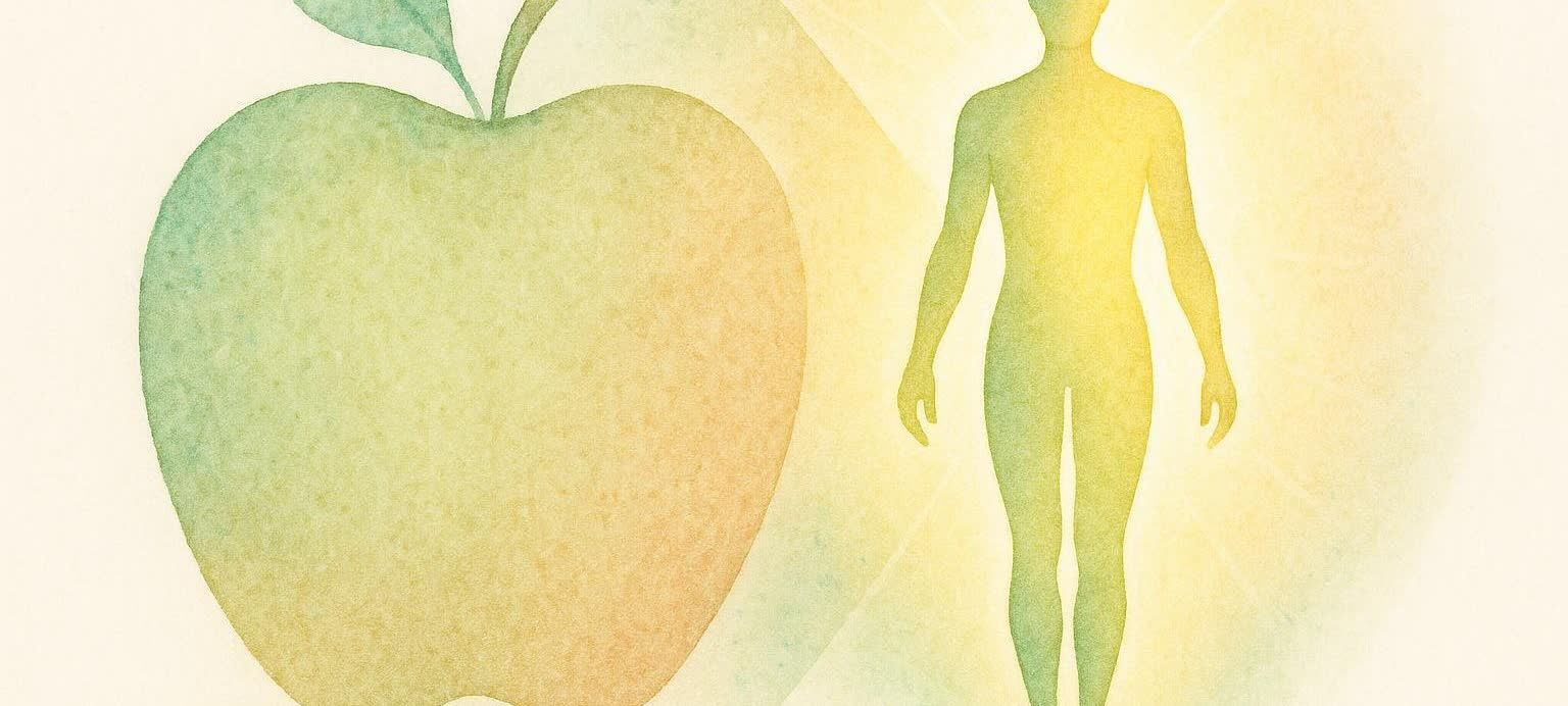 Abstract watercolor illustration of an apple shape transitioning into a human figure, symbolizing improved health and wellness.