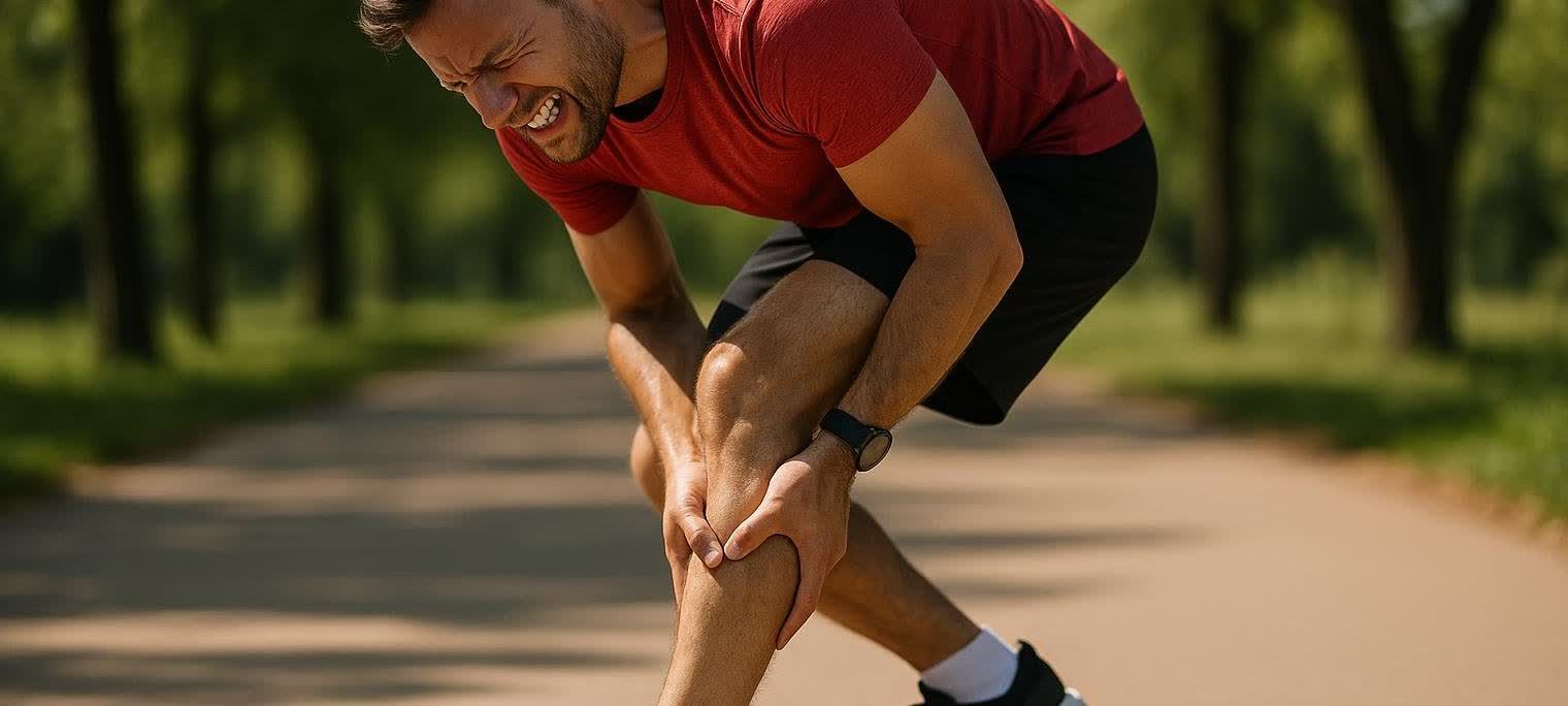 A male runner in a red shirt and black shorts bends over, clutching his calf in pain, indicating a sudden muscle cramp during an outdoor activity on a path with green trees in the background.