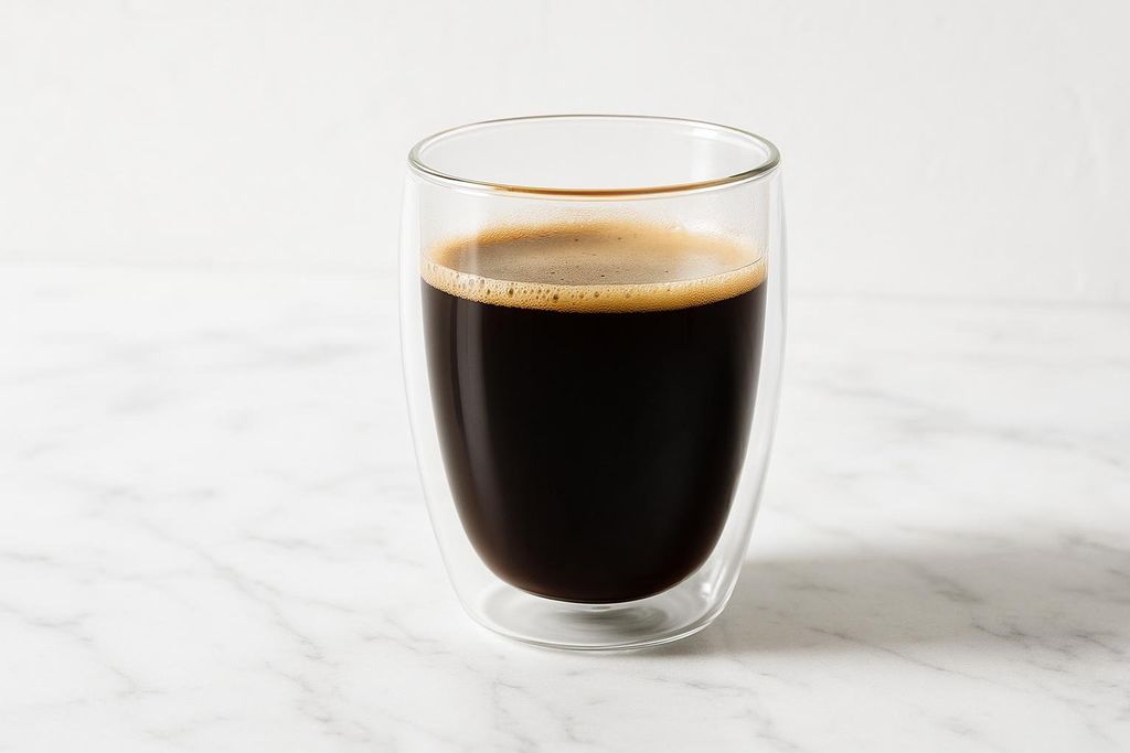 Black coffee with a layer of crema served in a double-walled clear glass, placed on a light-colored marble surface.