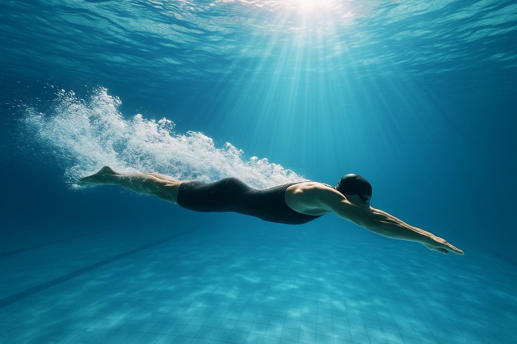 A professional swimmer, wearing a dark swimsuit and cap, glides effortlessly through blue water, leaving a trail of bubbles behind. Sunlight filters down from the surface, illuminating the scene and the tiled bottom of the pool.