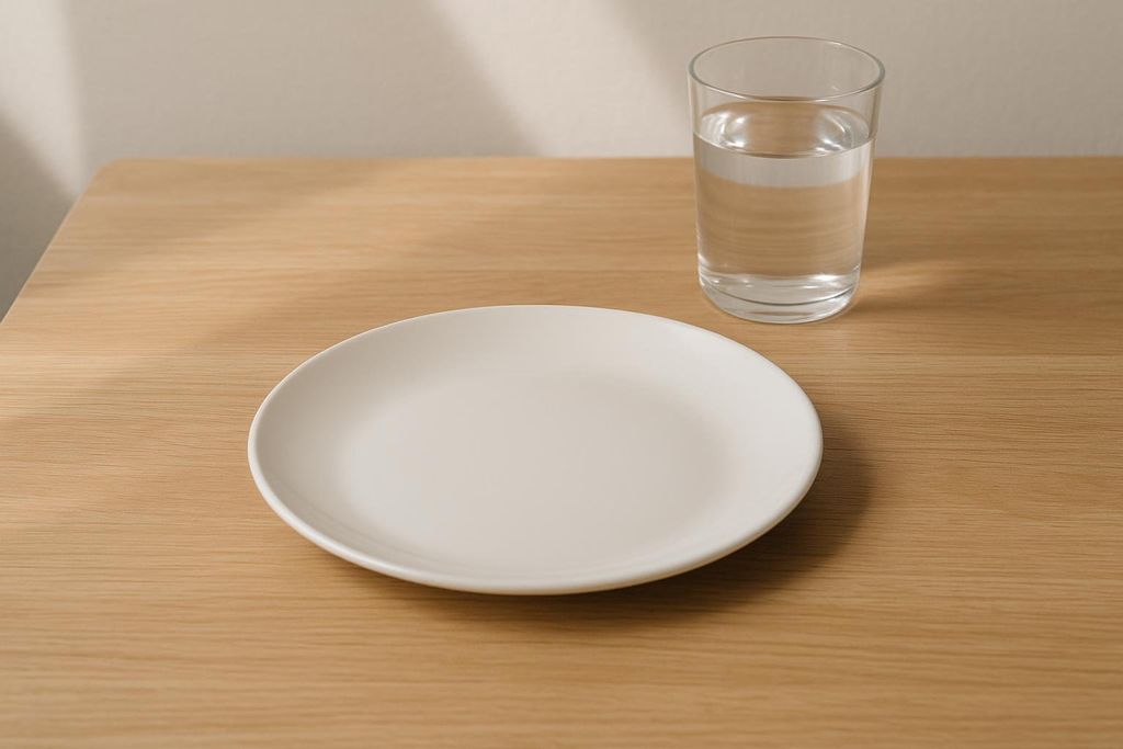 An empty white plate and a glass of water on a light brown wooden table, suggesting simplicity or a meal setting.