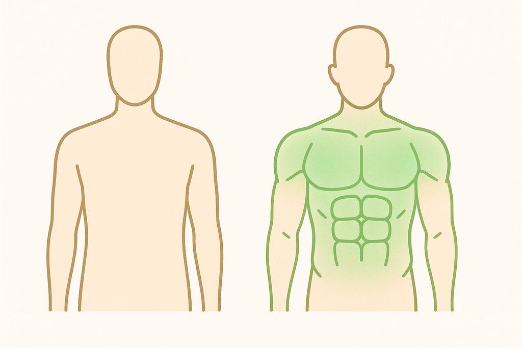 An illustration comparing a 'before' body outline to an 'after' outline with highlighted muscle groups, showing lean mass progress.