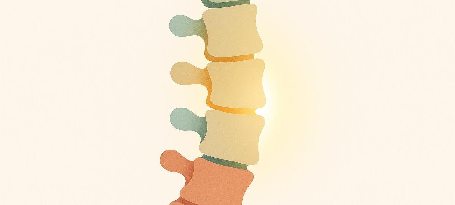 An abstract illustration of a spine, with vertebral segments in muted yellow, green, and orange, against a light beige background. The segments appear to be gently stretching or expanding, with lighter yellow glowing areas between some of them, suggesting flexibility or movement.