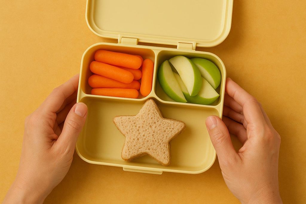 A pair of hands holds open a yellow bento-style lunchbox filled with baby carrots, green apple slices, and a star-shaped sandwich, suggesting a balanced meal for a child.
