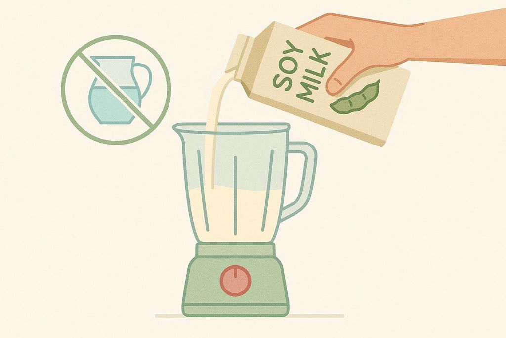 An illustration showing soy milk being chosen over water for a smoothie to boost its protein content, with a hand pouring soy milk into a blender and a crossed-out image of a water pitcher.