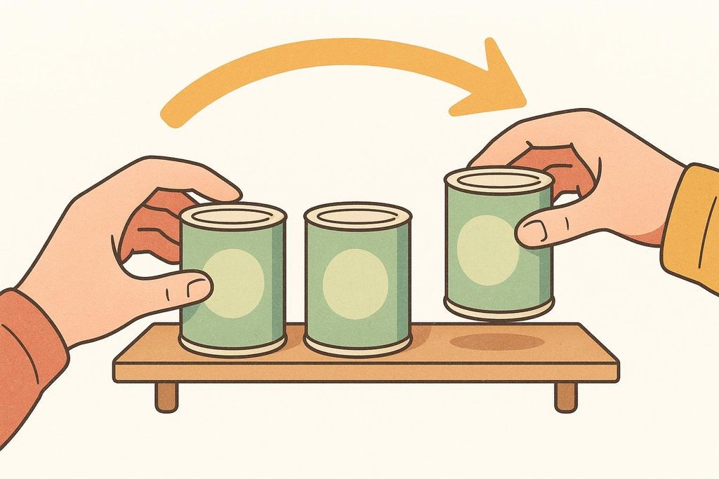 An illustration depicting two hands rotating three green cans on a wooden shelf, with an orange arrow indicating movement from left to right, demonstrating the First-In, First-Out (FIFO) method.