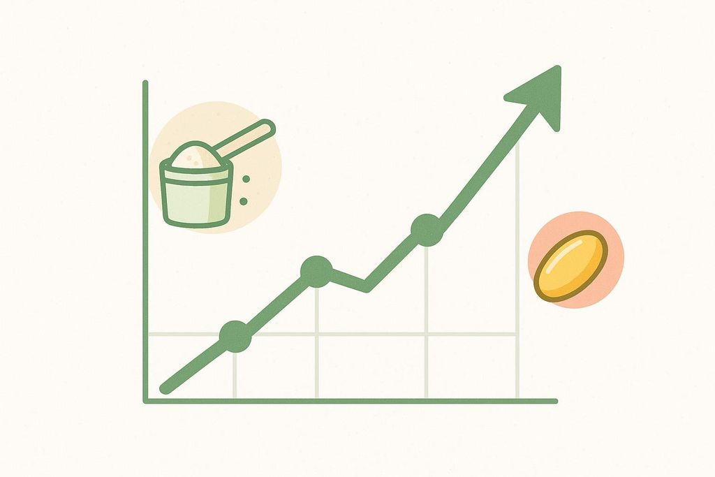 Graph shows an upward trend with icons representing a scoop of powder and a capsule, indicating an acceleration phase possibly related to supplements.