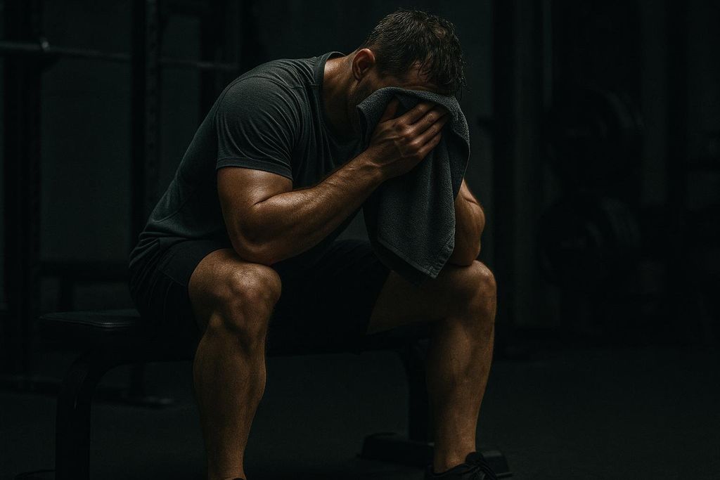 An exhausted male athlete sitting on a gym bench, wiping sweat from his face with a towel. The lighting is dim, highlighting his muscular arms and legs, conveying a sense of intense physical exertion.