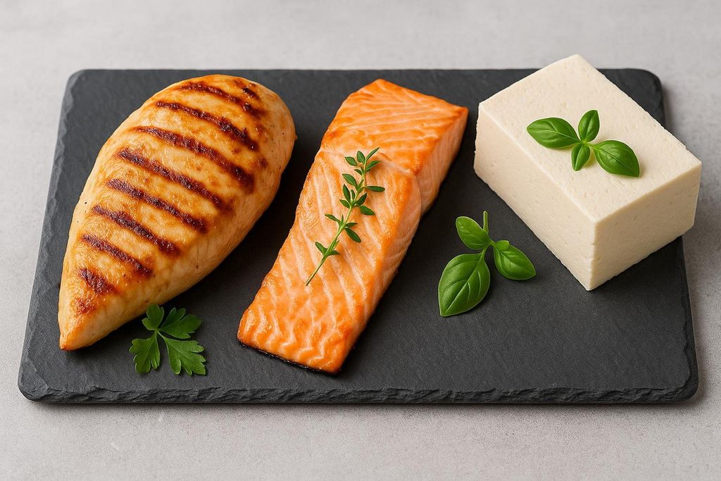 A close-up of a grilled chicken breast, a salmon fillet garnished with thyme, and a block of tofu garnished with basil leaves, all neatly arranged on a dark grey slate serving board.