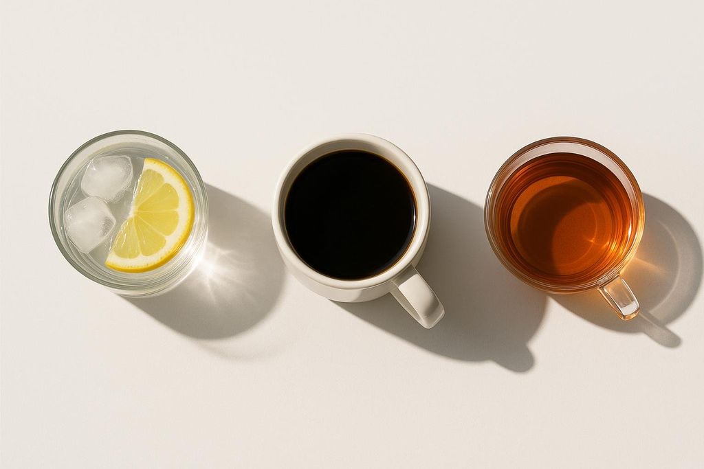 Overhead view of three drinks on a white surface: a glass of lemon water with ice, a white mug of black coffee, and a clear glass mug of plain tea. Long shadows are cast from the drinks.