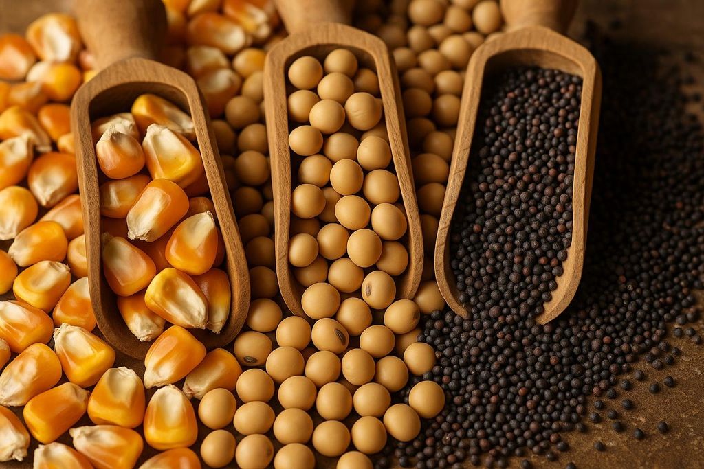 Three wooden scoops filled with different raw seeds and grains. From left to right: yellow corn kernels, light beige soybeans, and dark brown rapeseeds (or mustard seeds). Some of each type of seed are also scattered around the scoops.