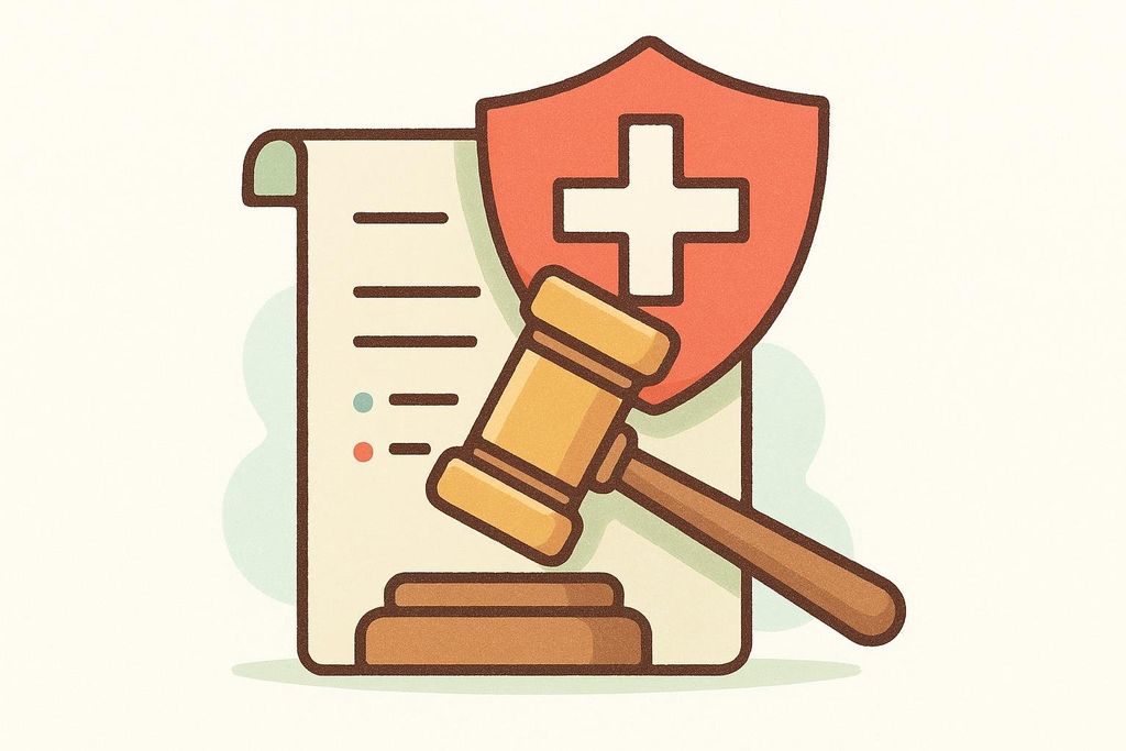 An illustration depicting a medical document with text and bullet points, an orange and red shield with a white cross (medic symbol), and a brown gavel, suggesting the intersection of medicine, law, and health.