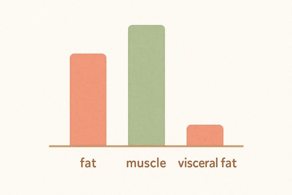 Abstract bar chart comparing body composition components: fat (red), muscle (green), and visceral fat (lighter red).