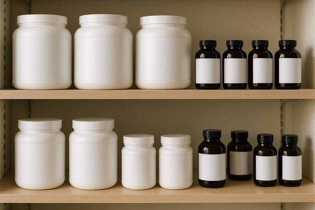 A close-up shot of two wooden shelves filled with various supplement bottles. The top shelf contains three large white plastic jars and four small dark amber glass bottles. The bottom shelf has two large white plastic jars, two medium-sized white plastic jars, and four small dark amber glass bottles. All bottles have blank white labels.