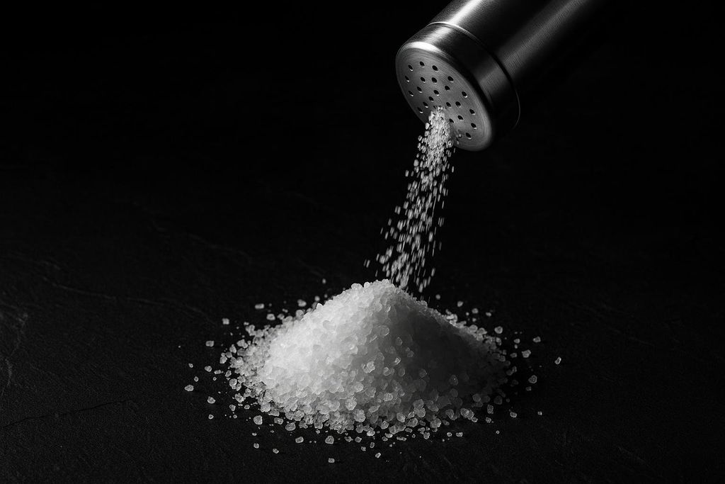 A stainless steel salt shaker is pouring coarse white salt onto a black surface, forming a pile of salt crystals.