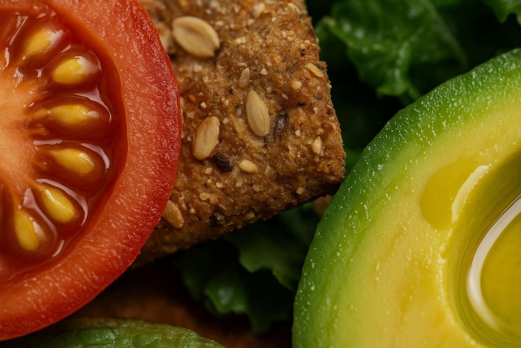 A macro close-up of a healthy plate of food, showing the varied textures of a sliced tomato, a seedy cracker or bread, and an avocado with olive oil drizzled on it, all resting on a bed of green lettuce.