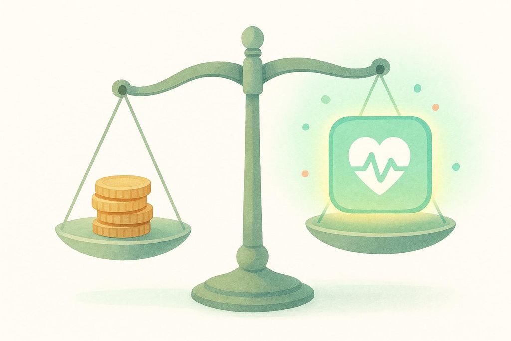 An illustration of a weighing scale where a stack of gold coins sits on one side, and a glowing green heart-shaped symbol representing health data, with a heartbeat line, rests on the other. The scale tips heavily in favor of the health data symbol, indicating its greater value.