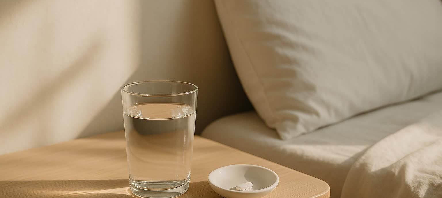 A glass of water and a single pill in a small white dish rest on a wooden bedside table, representing a daily morning medication routine, possibly for oral Wegovy. A soft white pillow and bedding are visible in the background, bathed in natural light.
