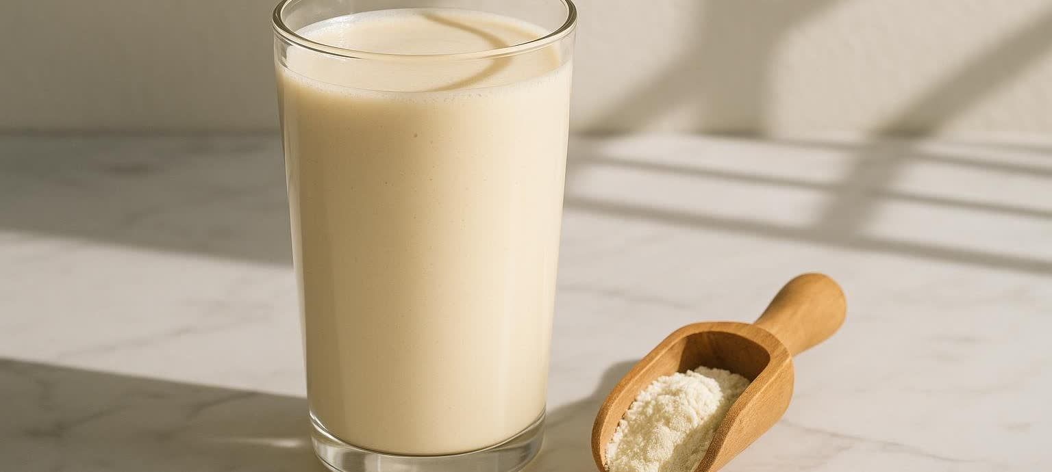 A glass of vanilla protein shake sits next to a wooden scoop filled with vanilla protein powder, both on a marble counter bathed in natural light.