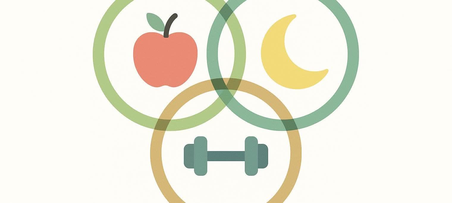 An illustration depicting the balance of health, with three overlapping circles. One circle contains a red apple for nutrition, another a yellow crescent moon for rest, and the third a teal dumbbell for fitness. The circles' translucent colors overlap to create new shades where they intersect.