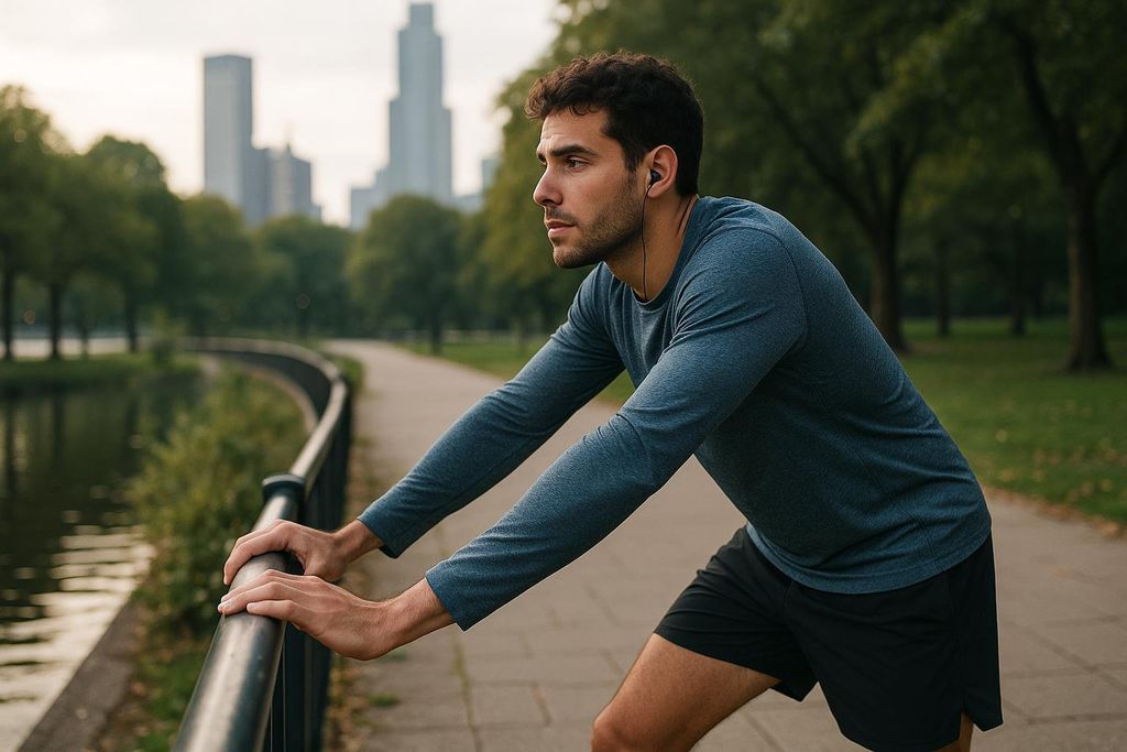 A man in athletic wear, appearing to be in his late 20s, rests on a railing by a river and path with city buildings in the background. He is wearing a long-sleeved blue shirt and black shorts, with wired earbuds in his ears, and looks thoughtfully into the distance.
