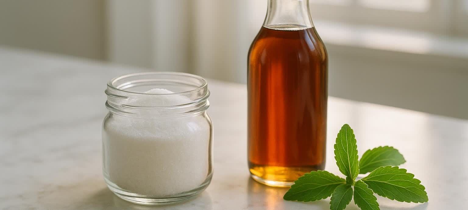 An assortment of natural sugar substitutes, including white granular powder in a jar, dark amber syrup in a bottle, and fresh green stevia leaves, arranged on a light-colored kitchen counter.