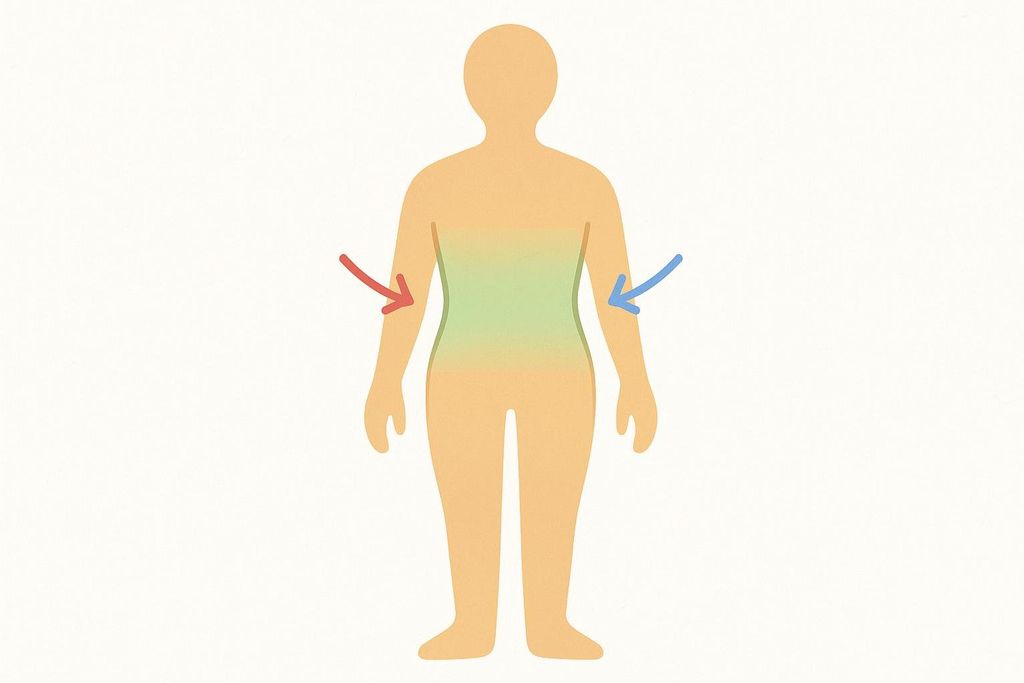 An abstract human silhouette shows the midsection highlighted in green and yellow, indicating areas where fat reduction may be subtle. Red and blue arrows point towards the torso from the arms, emphasizing this midsection area.
