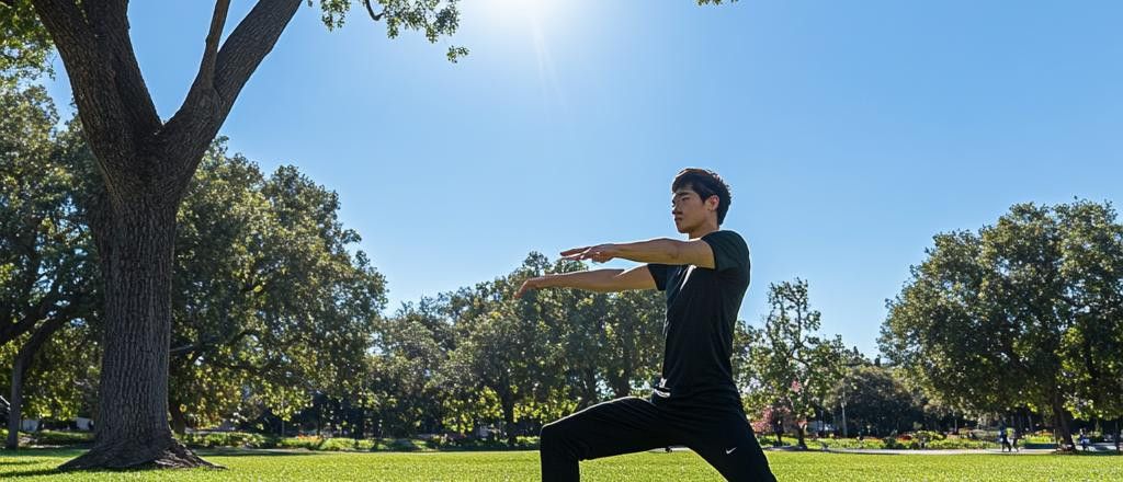 A man performs Tai Chi in a park with trees and sunlight.