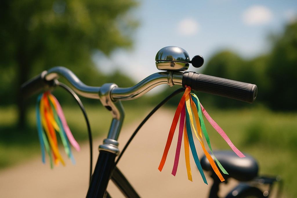 Close-up of bicycle handlebars adorned with bright, colorful streamers in red, orange, yellow, green, and blue. A shiny silver bell is mounted on the handlebars, with a black grip on the right side. The background is a blurry outdoor scene with green trees and a light blue sky.