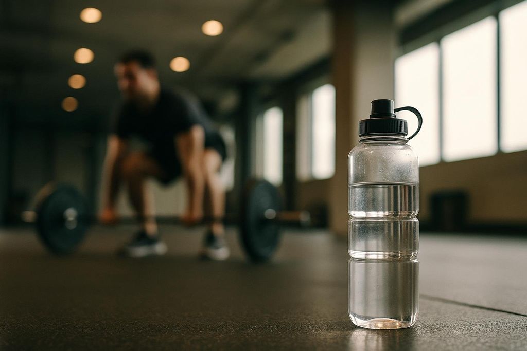 A clear water bottle with a black lid sits on a gym floor in the foreground, with a blurred person lifting weights in the background.