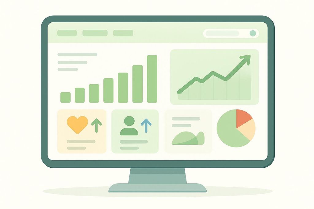 Illustration of a desktop monitor displaying a dashboard with charts and graphs showing KPIs for a corporate wellness program.