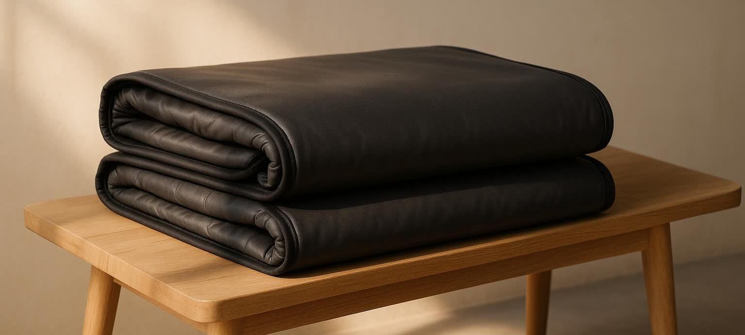 A black, folded premium sauna blanket is neatly stacked on a light wooden bench. The blanket appears to be made of a smooth, possibly leather-like material, with subtle quilting.