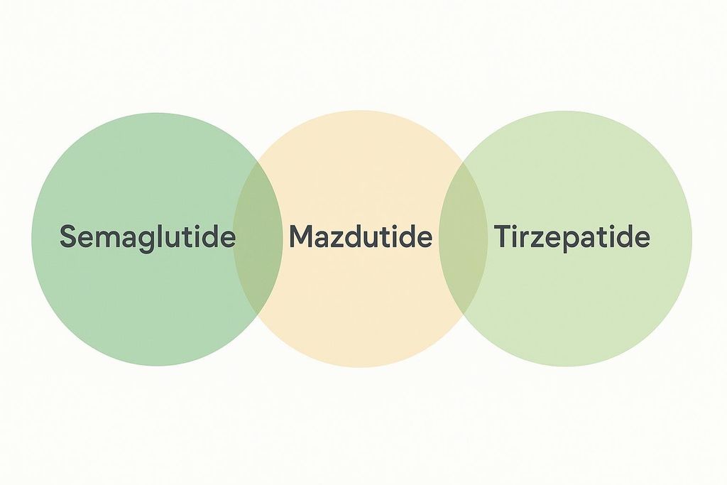 A Venn diagram showing three overlapping circles. From left to right, the circles are labeled "Semaglutide", "Mazdutide", and "Tirzepatide". The left circle is light green, the middle circle is light yellow, and the right circle is light green. The overlapping areas are also slightly darker shades of the original colors.