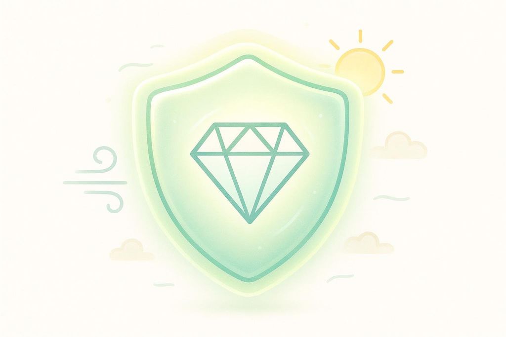 A geometric diamond protected from external weather elements by a glowing shield.
