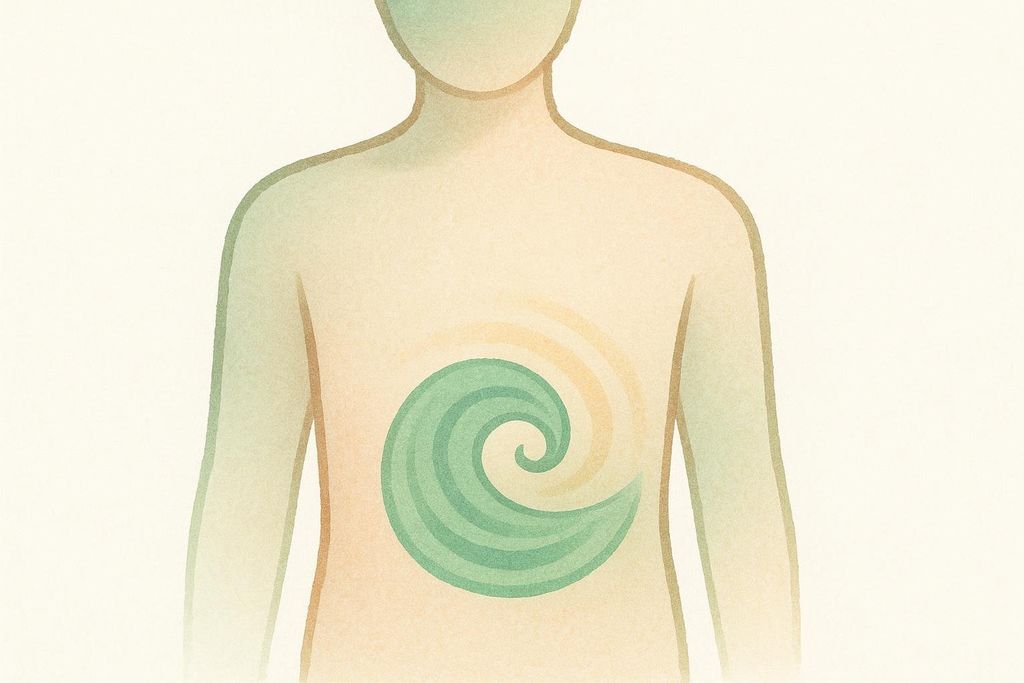 An illustration of a person's torso, featuring a green and orange swirling pattern in the stomach area, symbolizing gastrointestinal discomfort or side effects.
