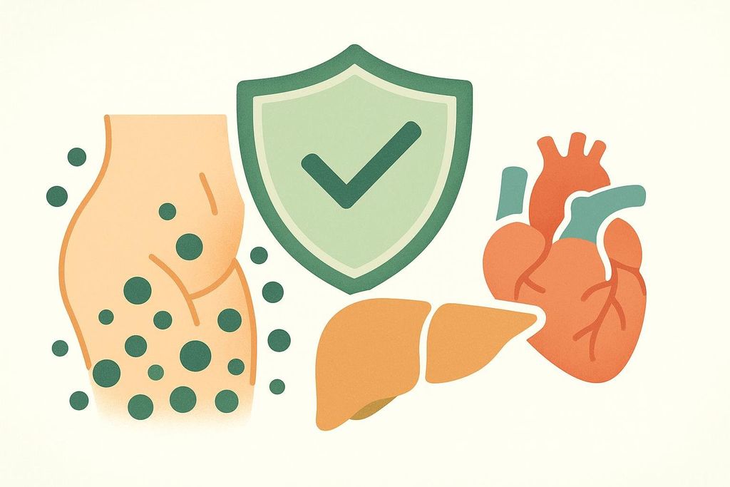 Illustration showing gluteofemoral fat and a shield protecting the liver and heart from green dots representing fatty acids.