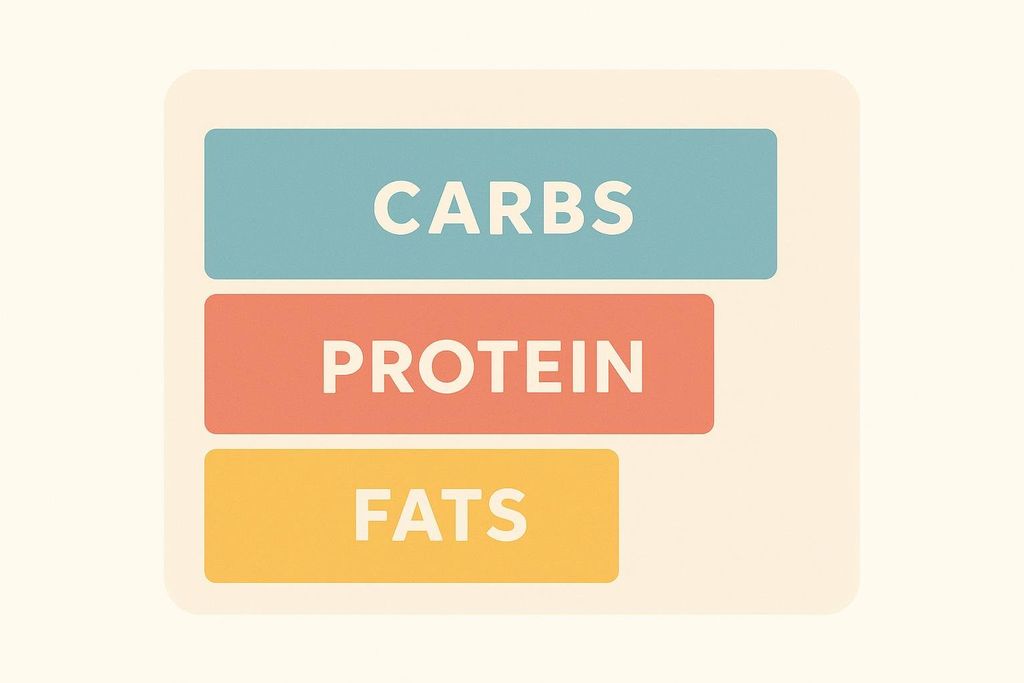 A simple diagram with three colored horizontal rectangles stacked vertically, labeled 'CARBS' (blue), 'PROTEIN' (orange), and 'FATS' (yellow) in white, sans-serif capital letters.