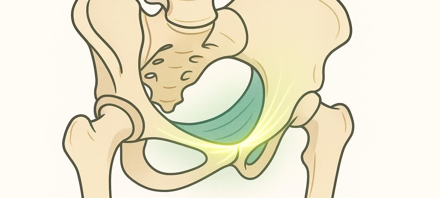 An abstract illustration of the pelvic floor muscles shown as a supportive hammock at the base of the pelvis, highlighted with a glowing effect.