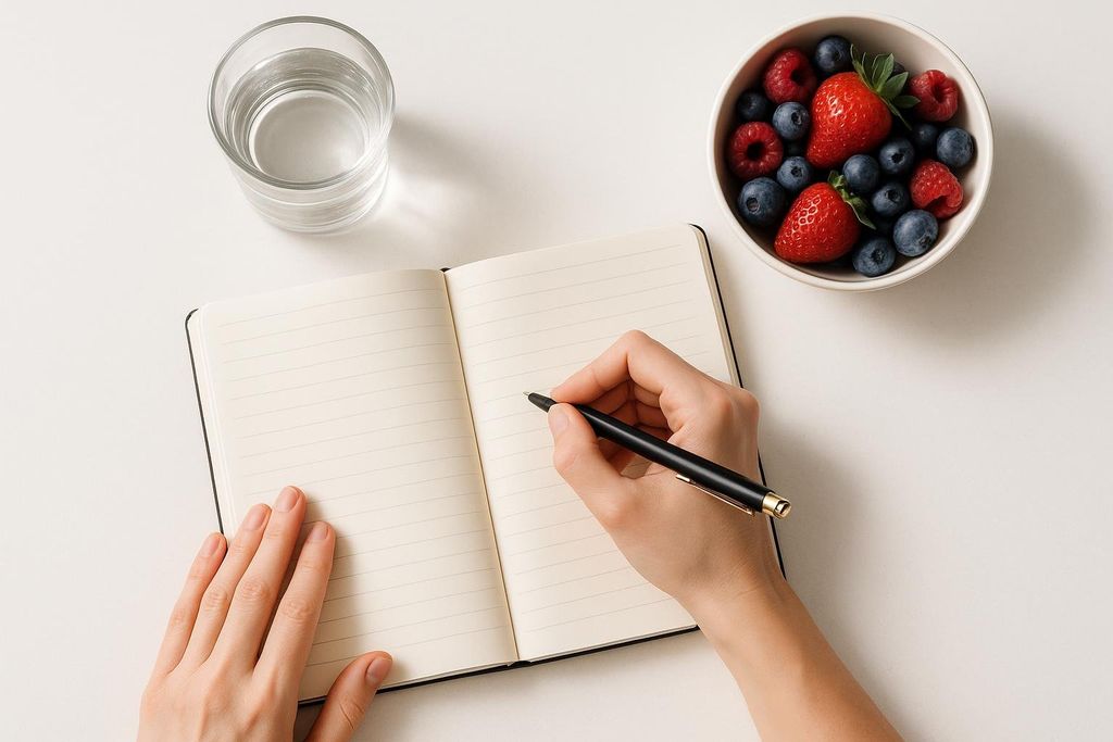 A person writing in a lined notebook with a pen, next to a glass of water and a bowl of mixed berries (strawberries, blueberries, and raspberries), all on a white surface. The image is taken from a top-down perspective, focusing on the hands, notebook, and healthy items.