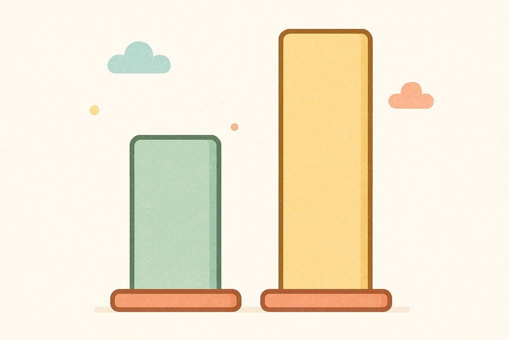 A whimsical illustration of a bar chart with two rounded rectangular bars, one shorter and green, the other taller and yellow. They stand on orange bases against a light cream background with small, stylized clouds and dots floating around.