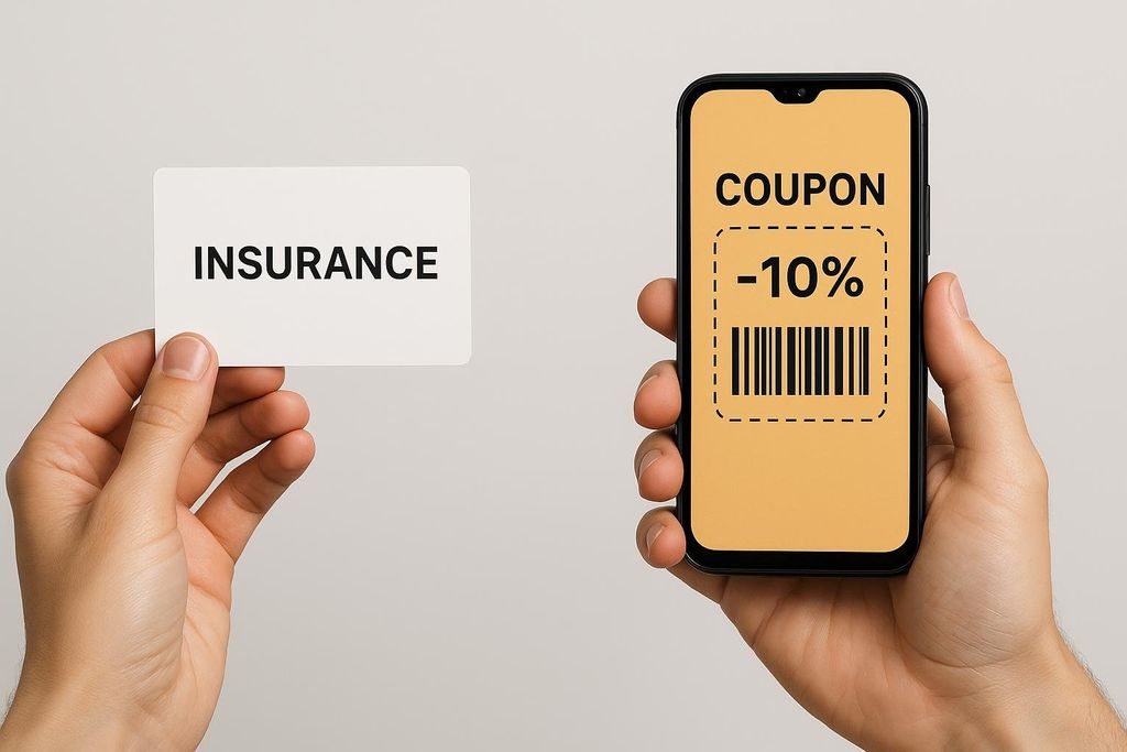 A person holds up a white card with the word 'INSURANCE' in one hand, and a smartphone displaying a 'COUPON -10%' with a barcode in the other hand. The image represents a choice between insurance and a discount.