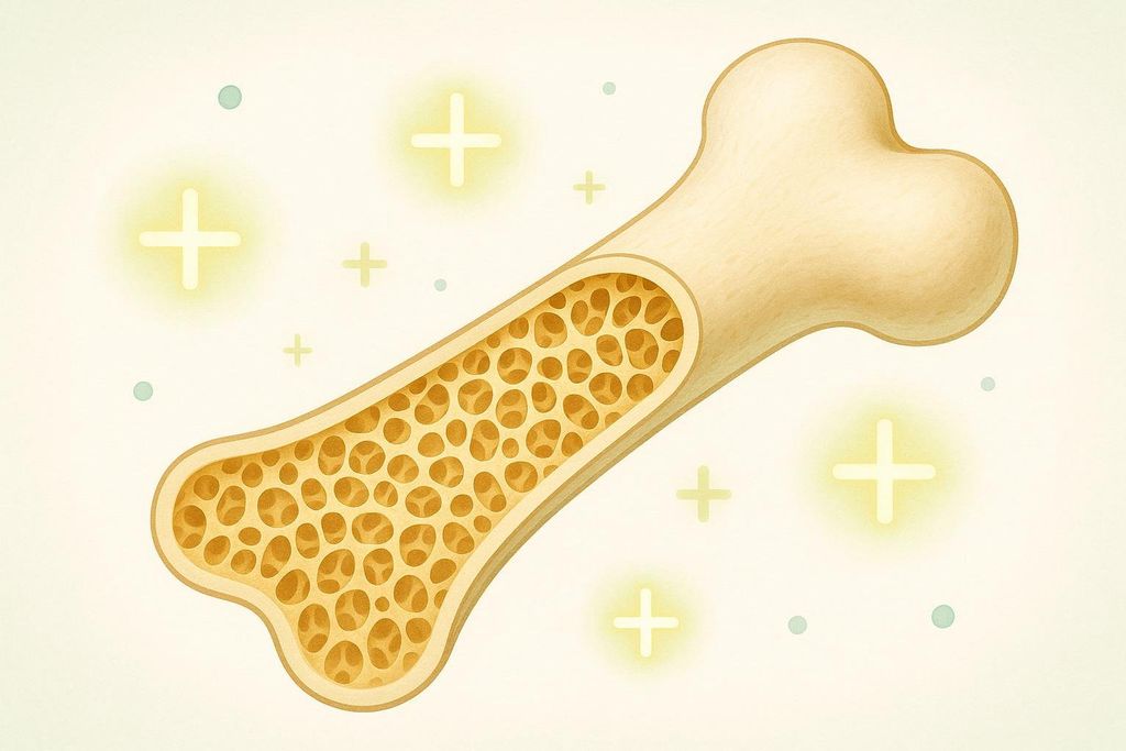 An illustration showing a longitudinal cross-section of a healthy, dense bone, with the inner spongy bone structure clearly visible. There are glowing plus signs around the bone, symbolizing health and strength.